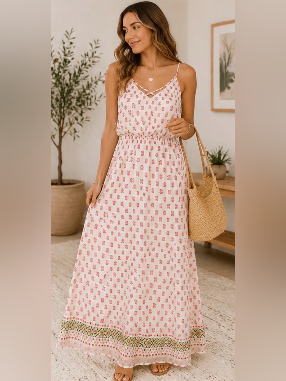 236 Sienna Sky Boho Pink Geo Print Maxi Dress Criss Cross Back Sleeveless M NWT